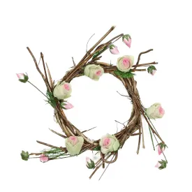 11" Brown, Cream and Pink Decorative Artificial Spring Floral Twig Wreath - Unlit