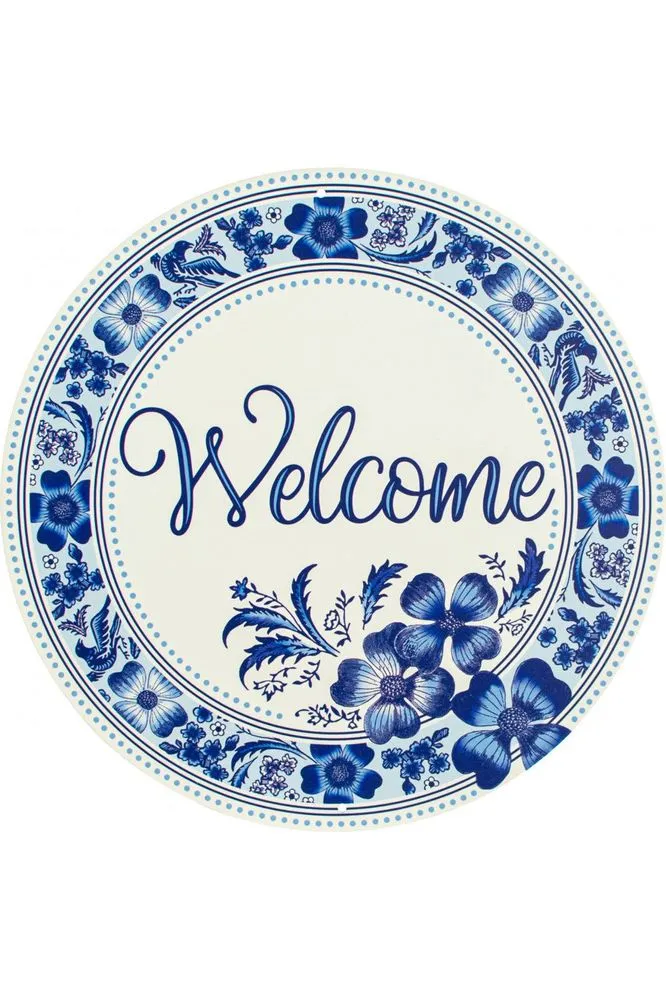 12" Metal Round Sign: Welcome Blue Floral