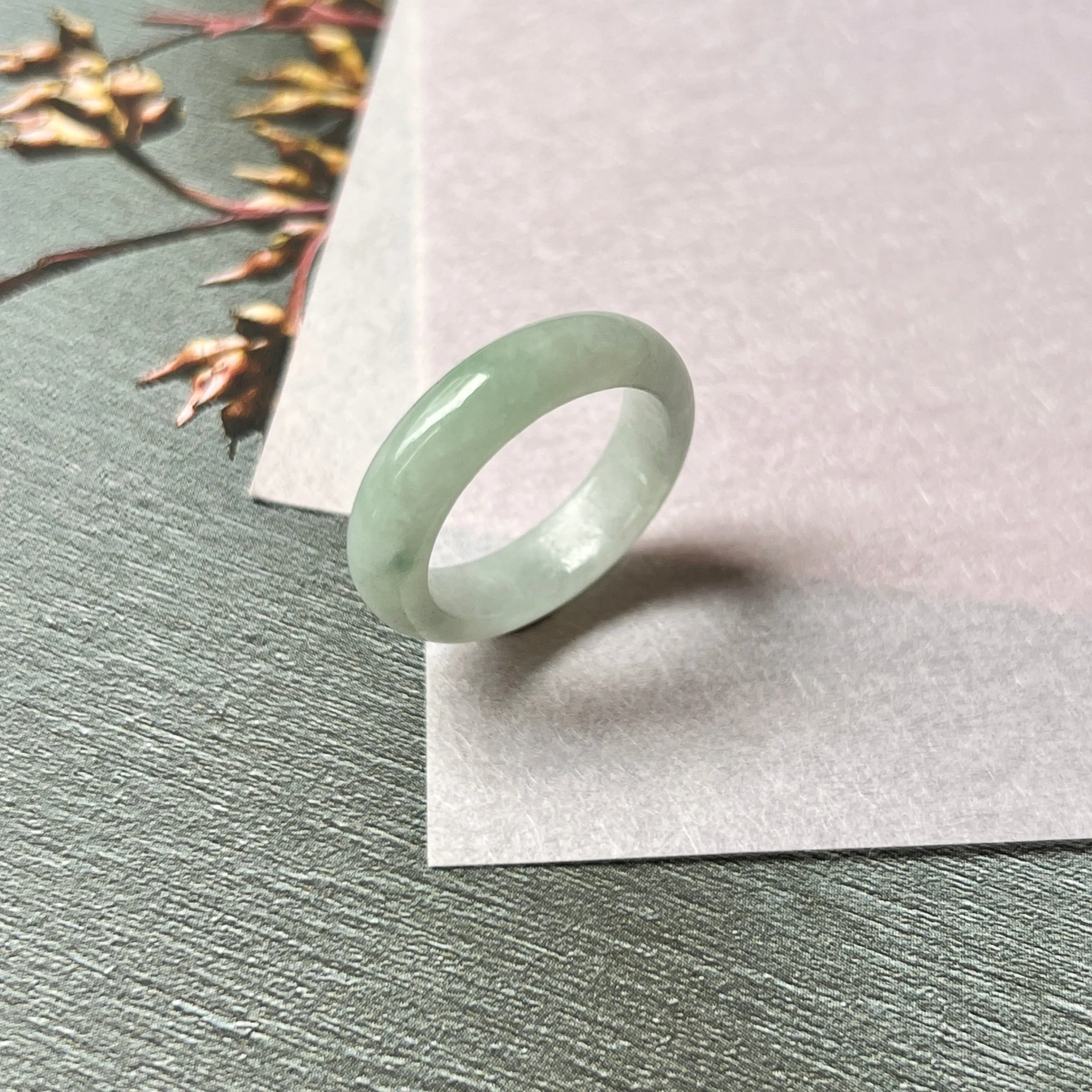 17mm A-Grade Natural Floral Green Jadeite Abacus Ring Band No.162385