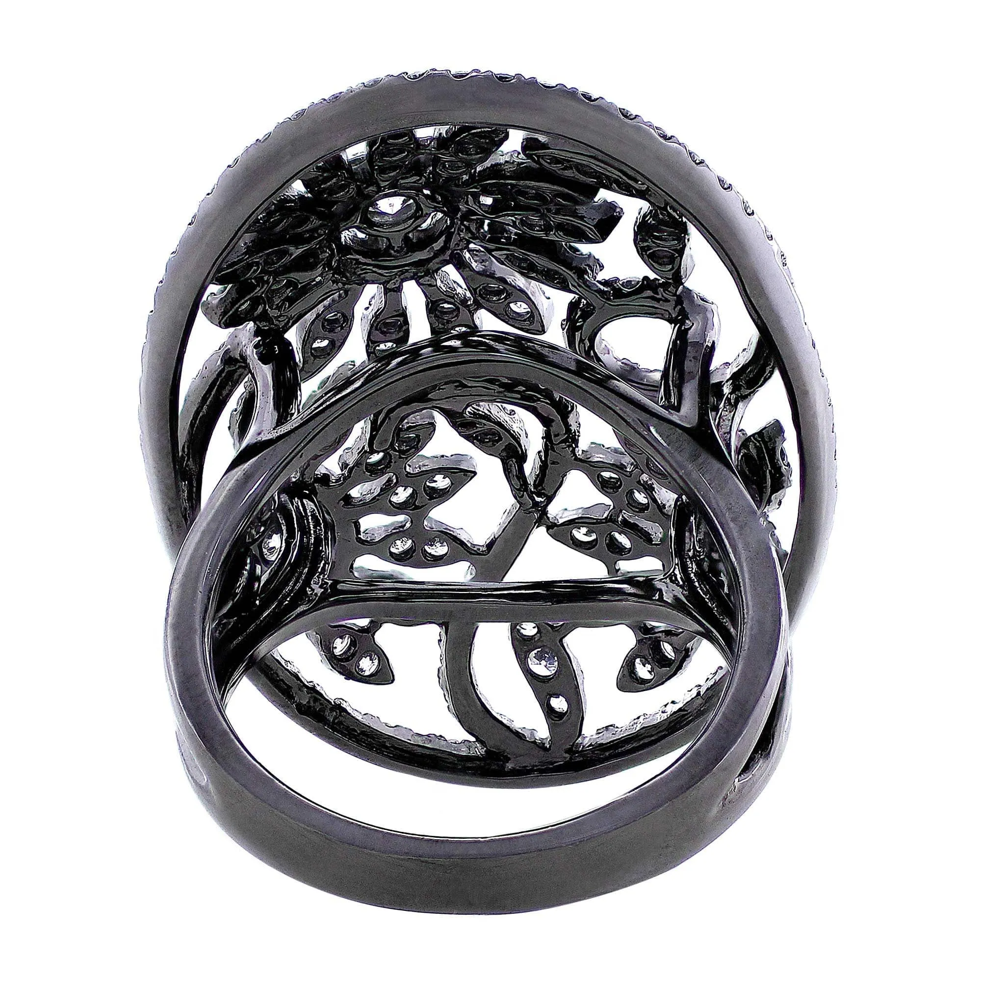 18K White Gold Black Rhodium Diamond Floral Scroll Ring