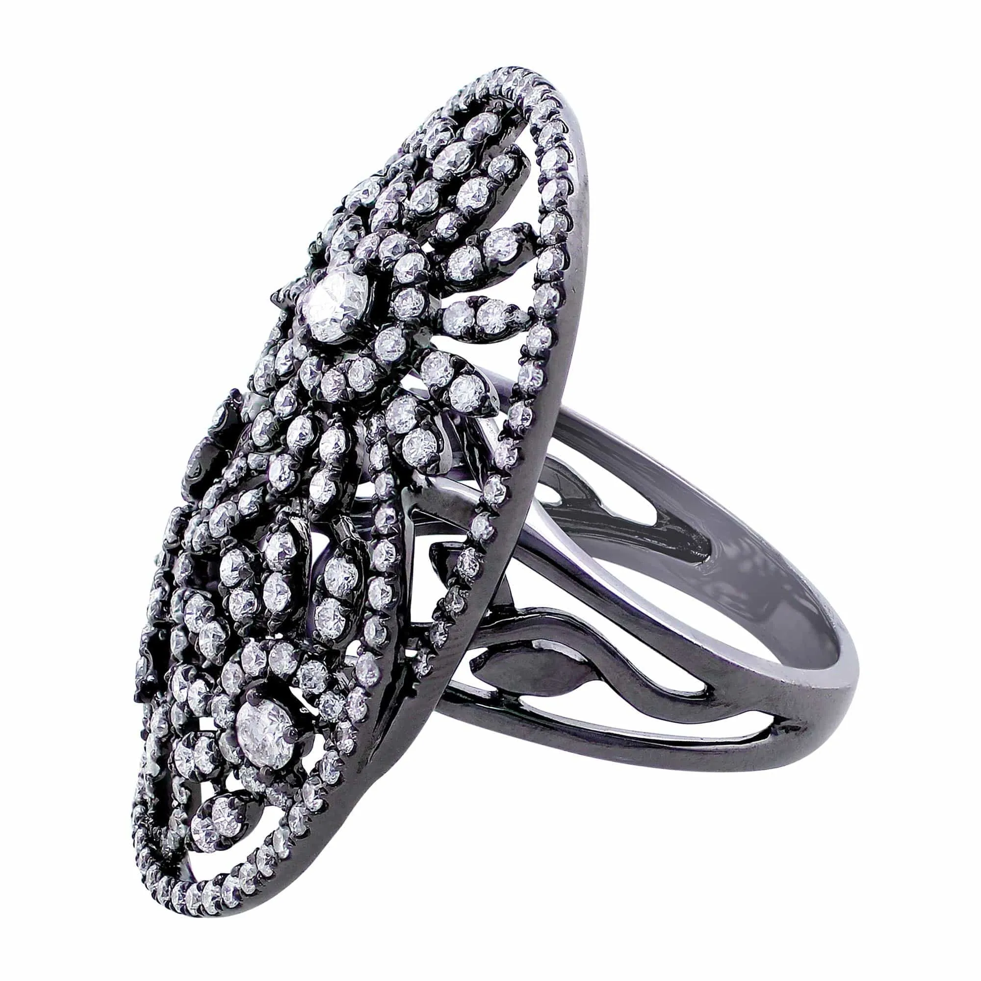 18K White Gold Black Rhodium Diamond Floral Scroll Ring