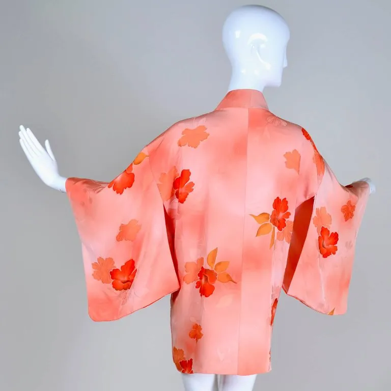 1930's Haori Kimono Orange Hibiscus Flower Print On Peach Silk