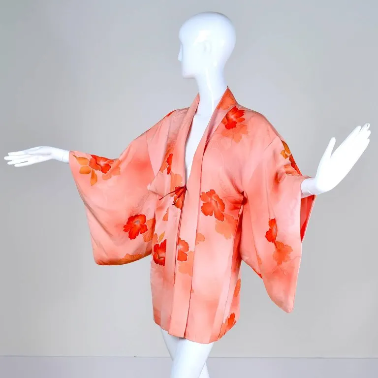 1930's Haori Kimono Orange Hibiscus Flower Print On Peach Silk