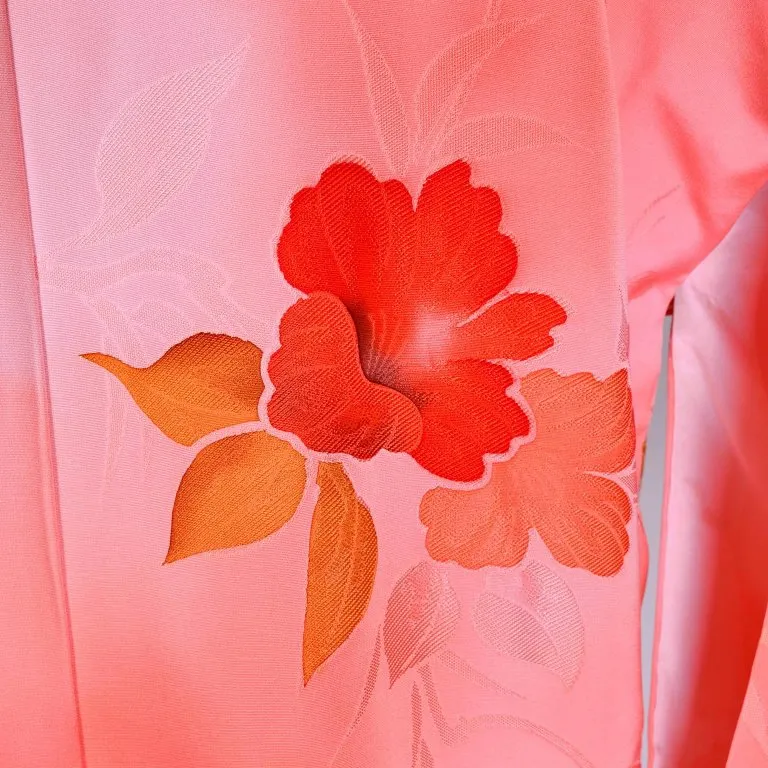 1930's Haori Kimono Orange Hibiscus Flower Print On Peach Silk