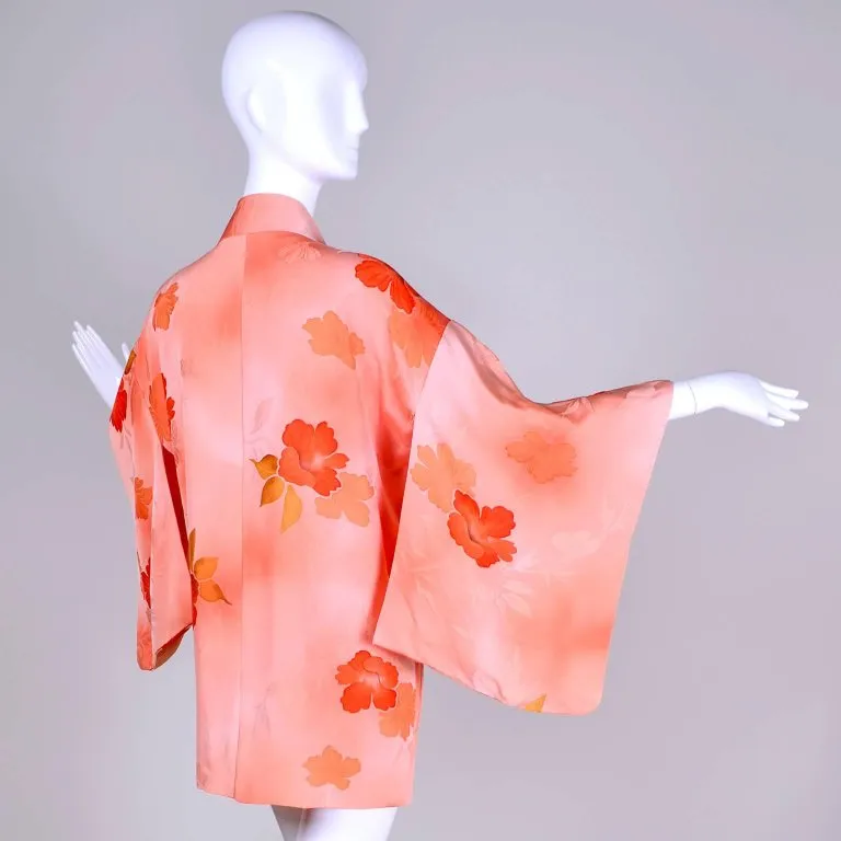 1930's Haori Kimono Orange Hibiscus Flower Print On Peach Silk