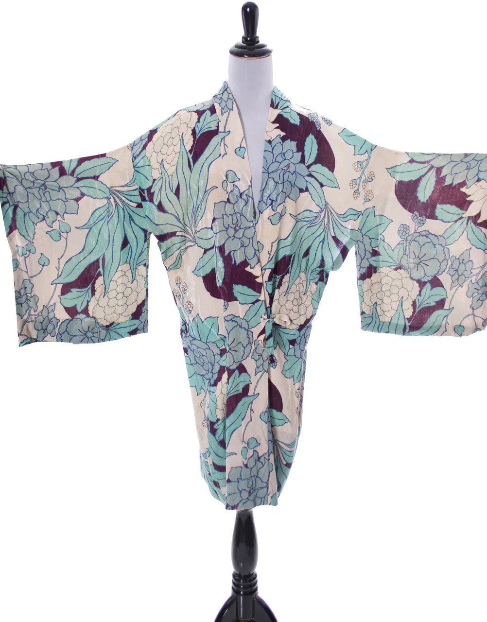 1930's Japanese Kimono Vintage Floral Cream, Plum & Blue Silk Robe