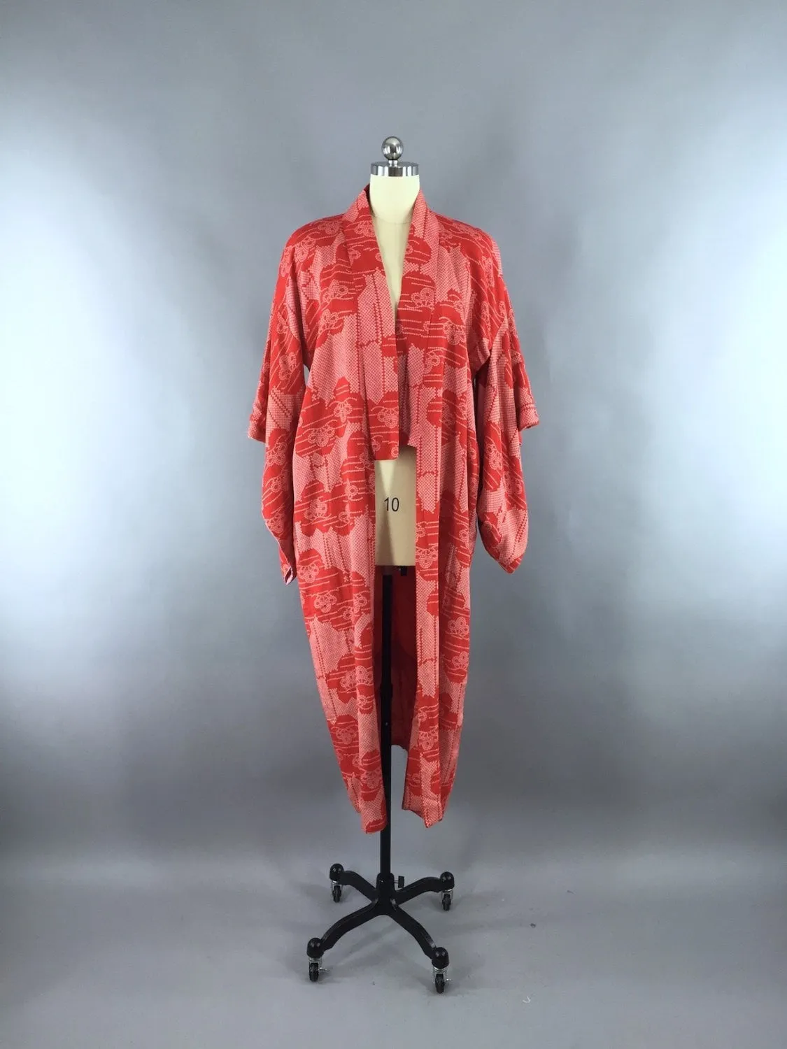 1930s Vintage Silk Kimono Robe / Red Shibori Floral Print