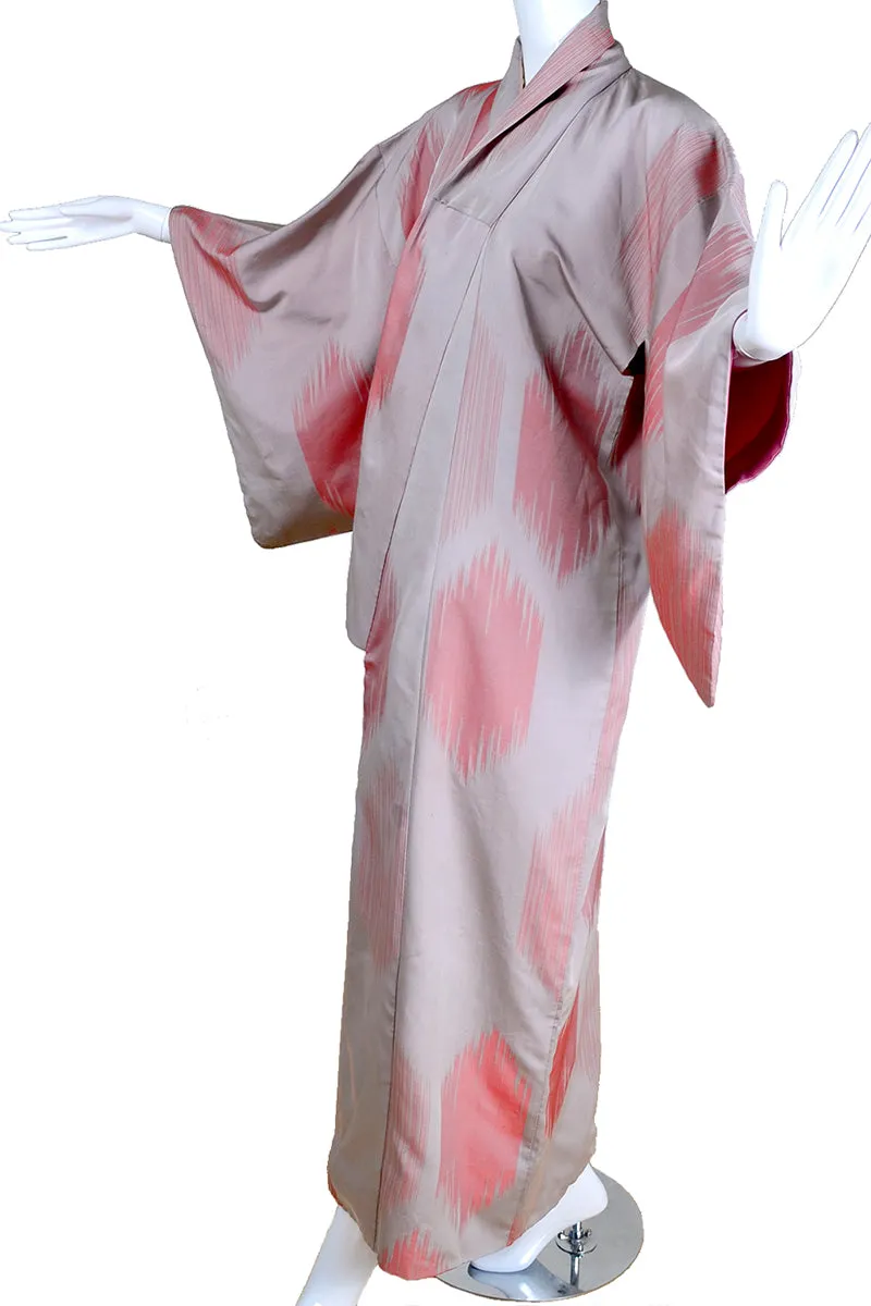 1940's Long Silk Japanese Kimono Gray Purple w/ Abstract Salmon Design