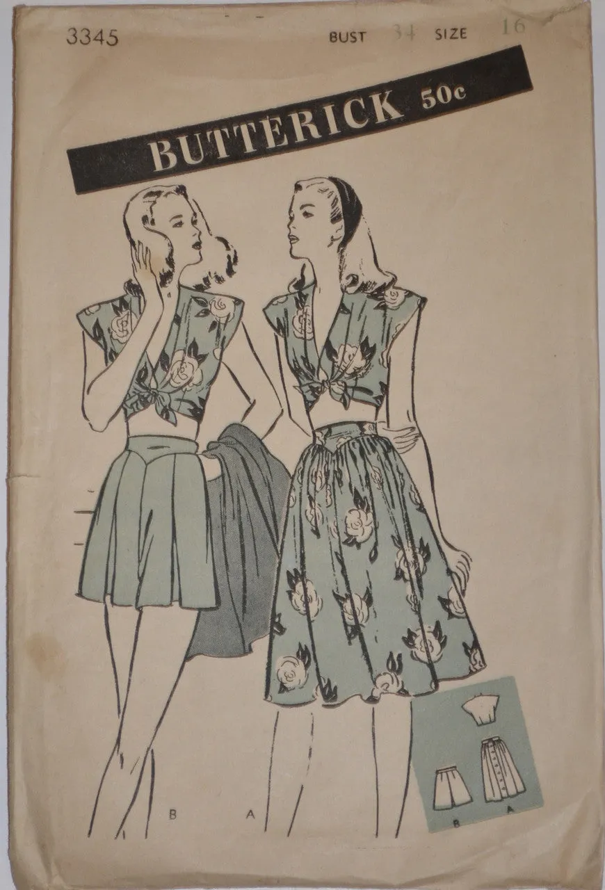 1940's Vintage Playsuit Pattern Butterick 3345 34 Bust