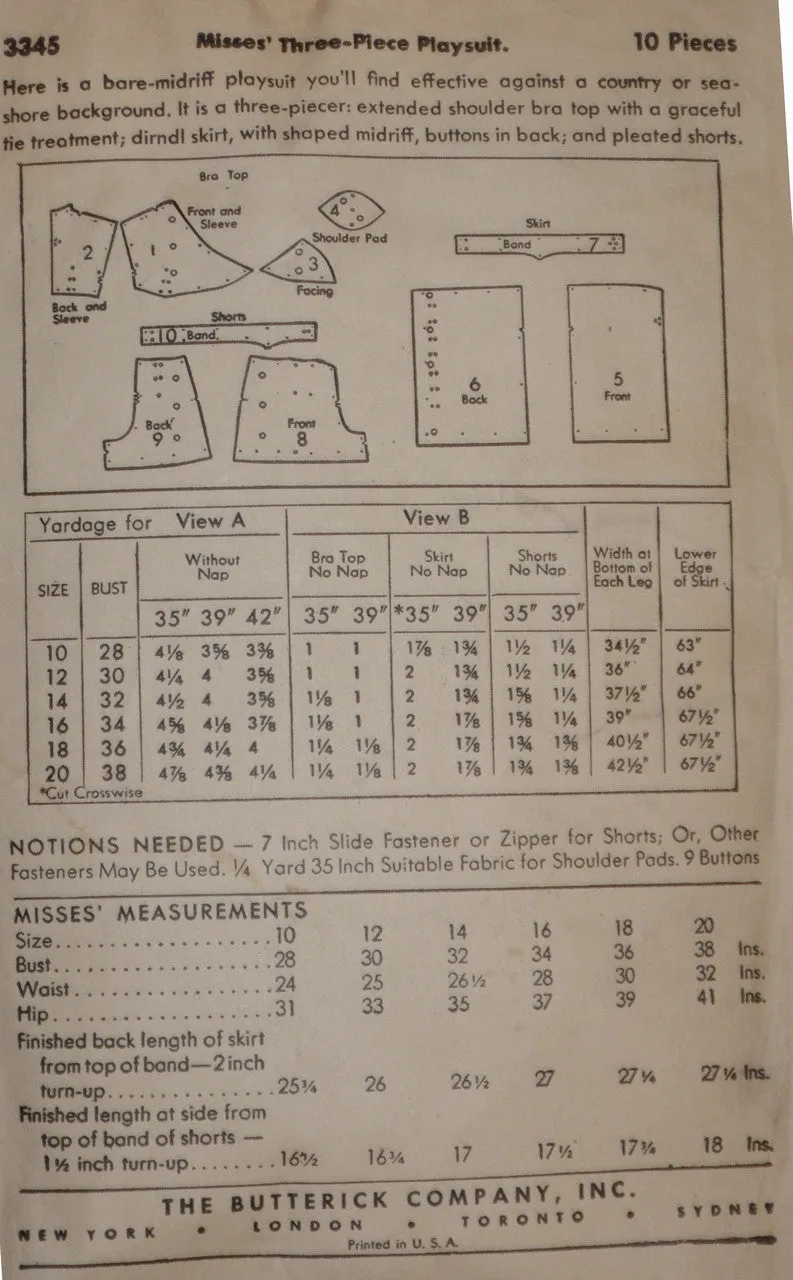 1940's Vintage Playsuit Pattern Butterick 3345 34 Bust