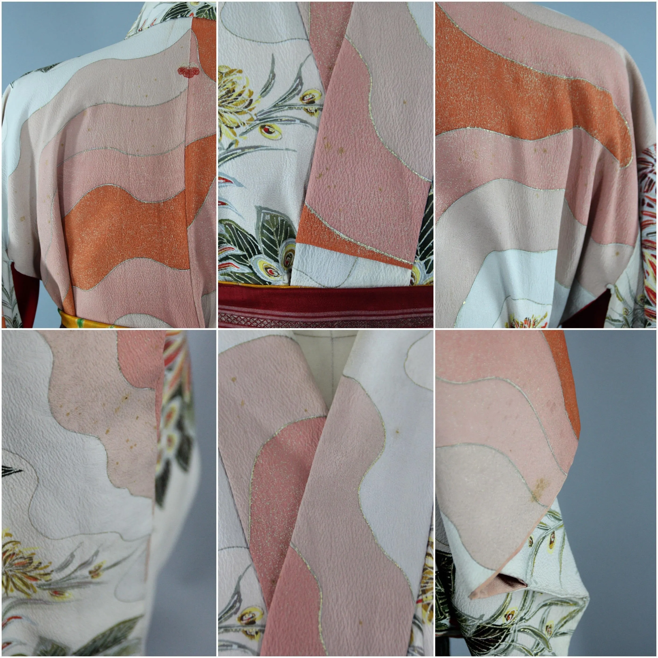 1940s Vintage Silk Kimono Robe / White Terra Cotta Floral Print