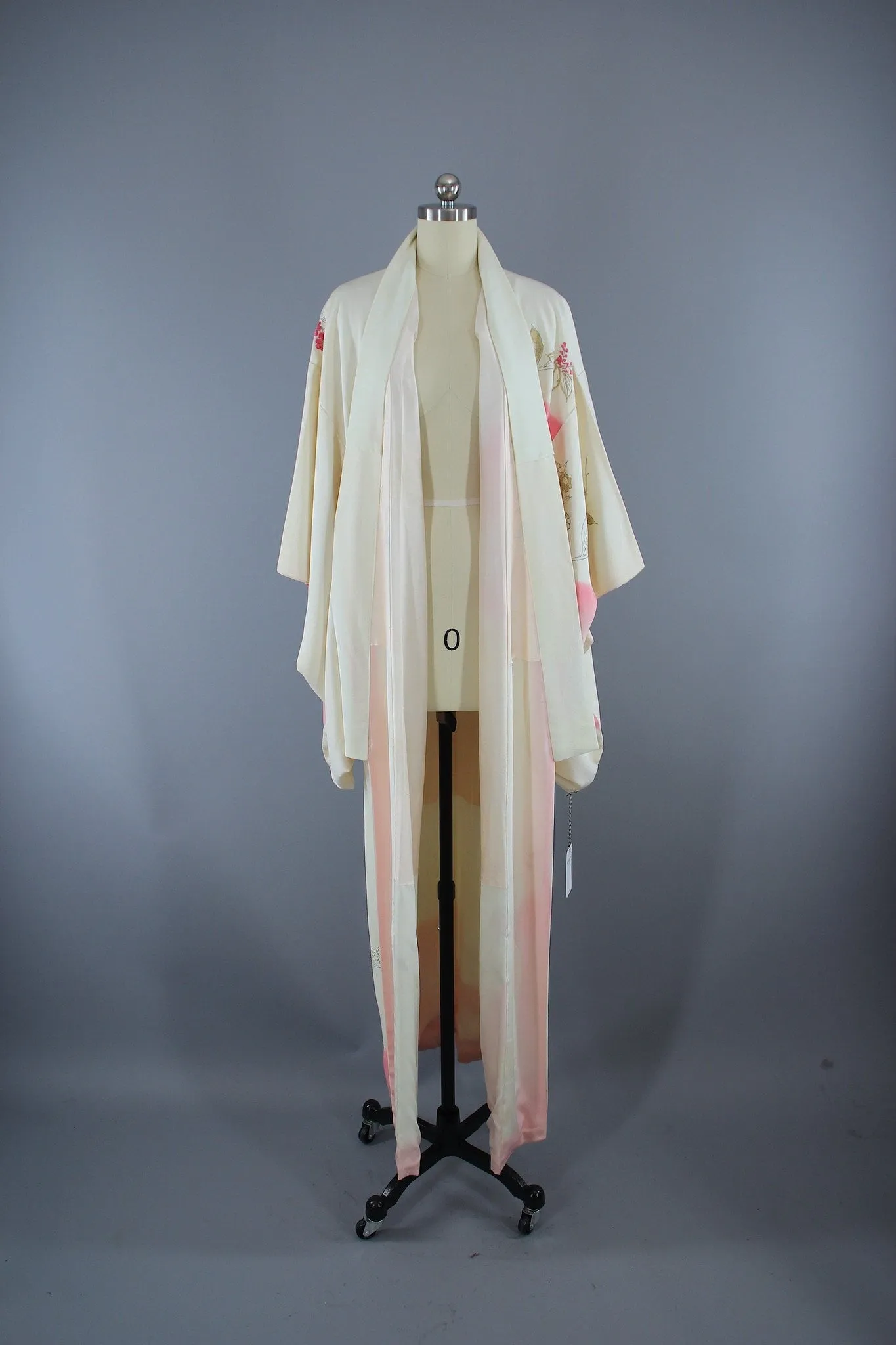 1950s Vintage Silk Kimono Robe / White Pink Gold Floral Print