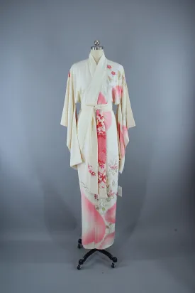 1950s Vintage Silk Kimono Robe / White Pink Gold Floral Print