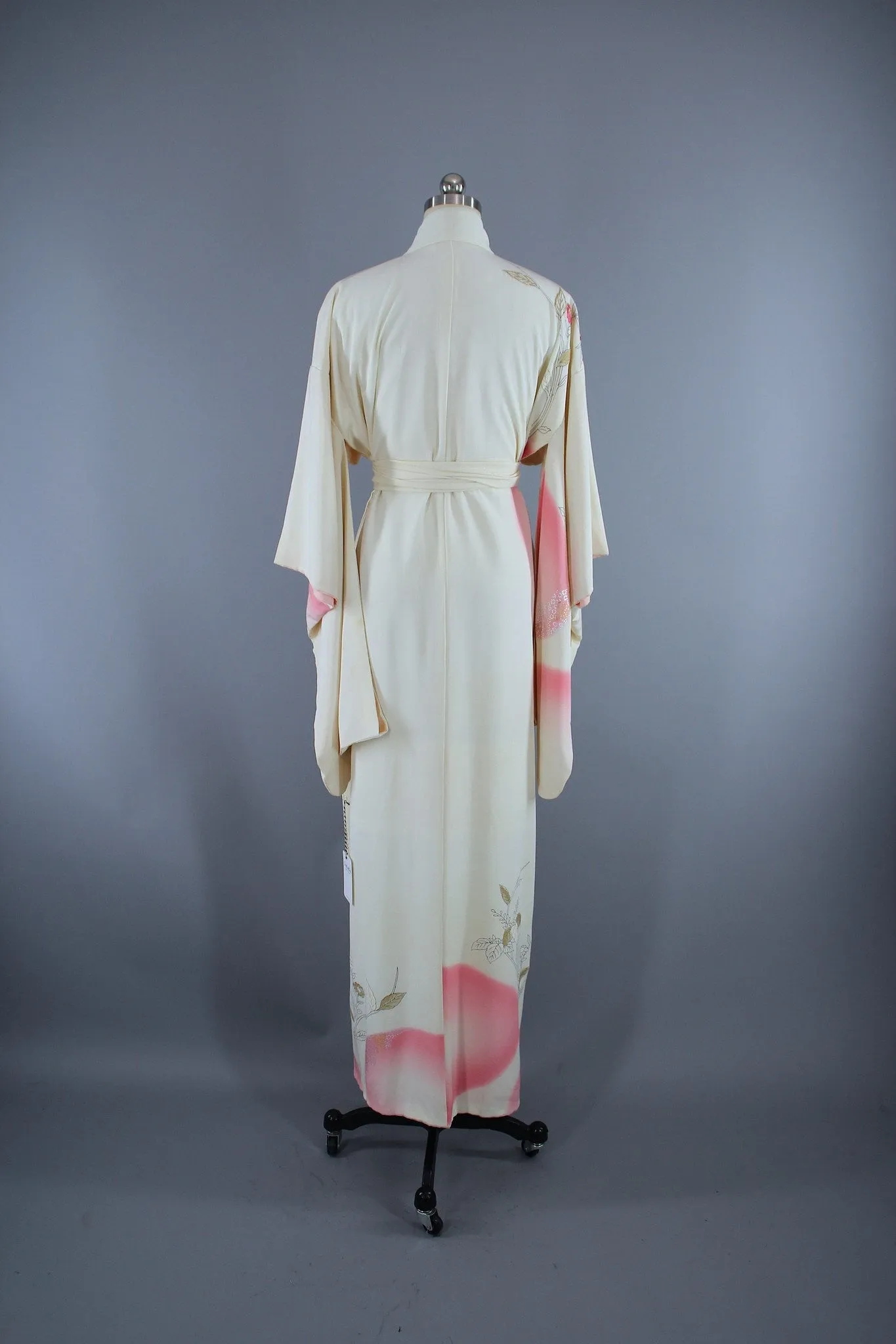 1950s Vintage Silk Kimono Robe / White Pink Gold Floral Print