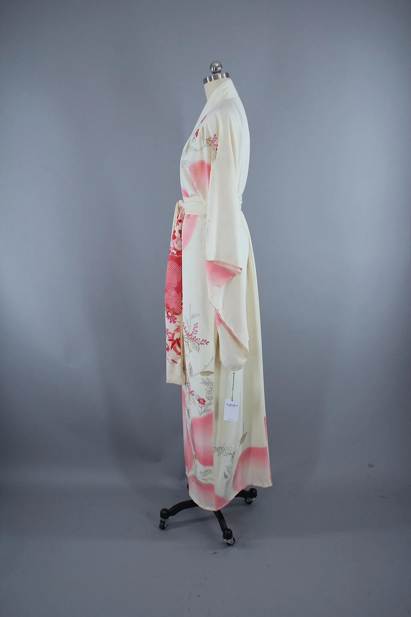 1950s Vintage Silk Kimono Robe / White Pink Gold Floral Print