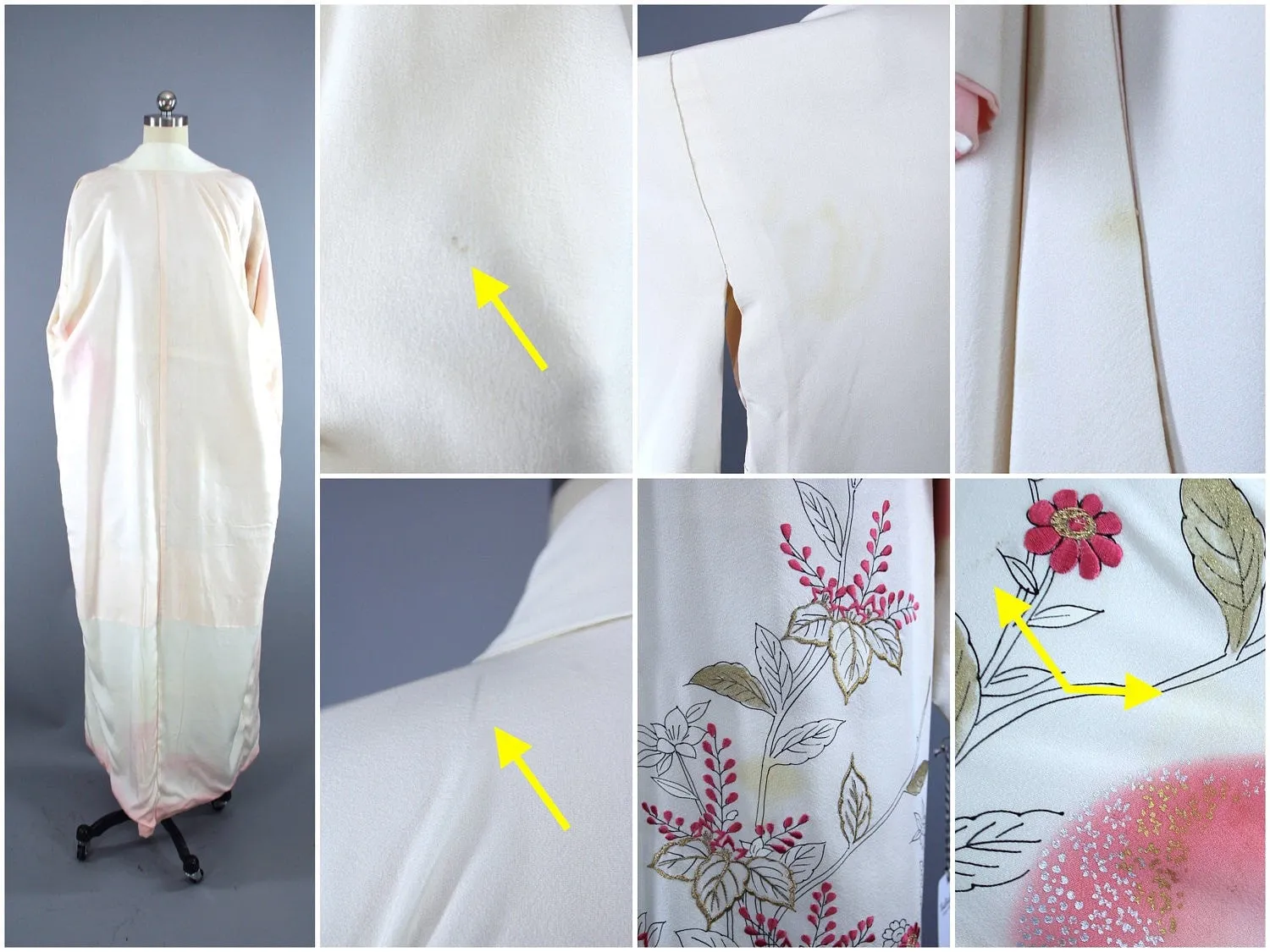 1950s Vintage Silk Kimono Robe / White Pink Gold Floral Print