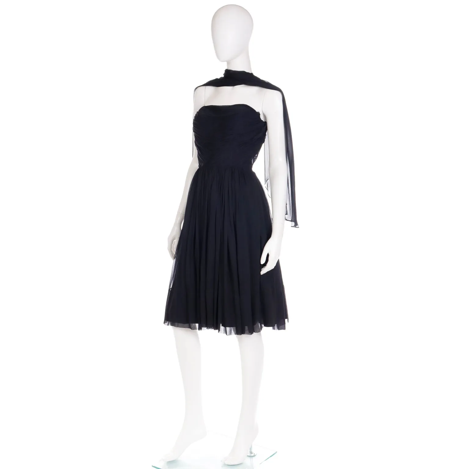 1960s Kay Selig Vintage Ruched Strapless Black Chiffon Evening Dress