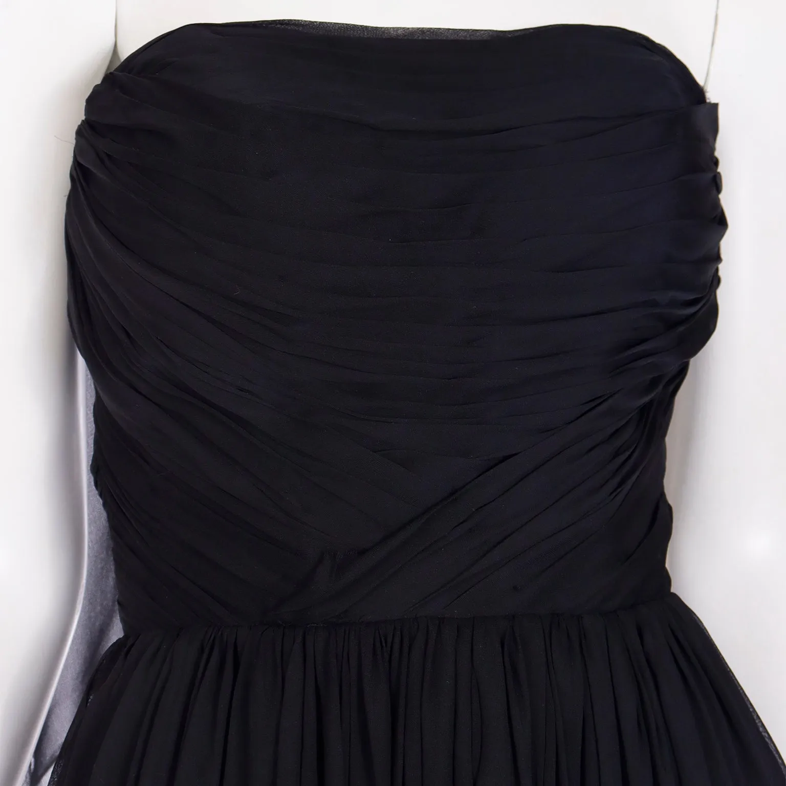 1960s Kay Selig Vintage Ruched Strapless Black Chiffon Evening Dress