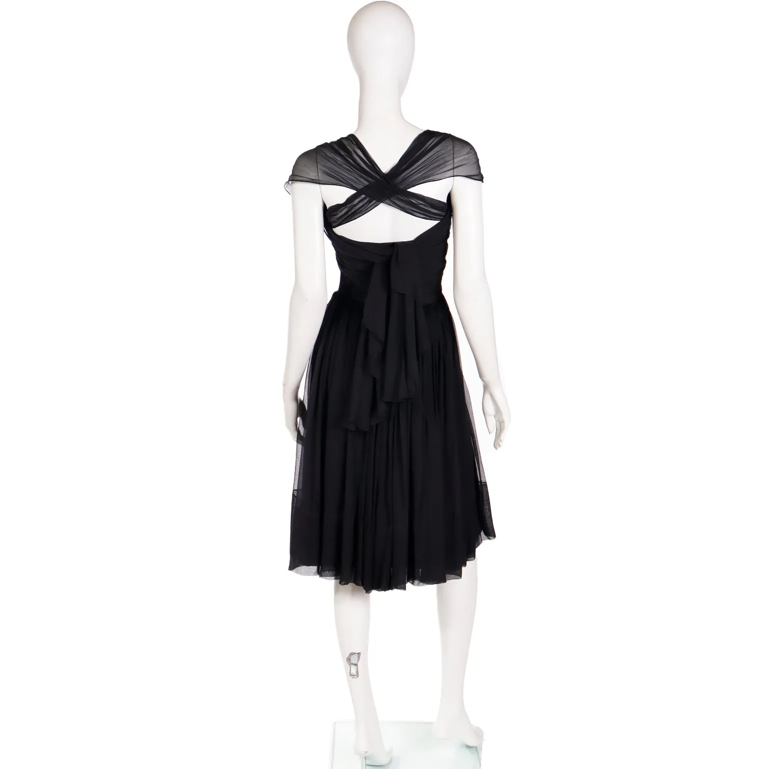 1960s Kay Selig Vintage Ruched Strapless Black Chiffon Evening Dress