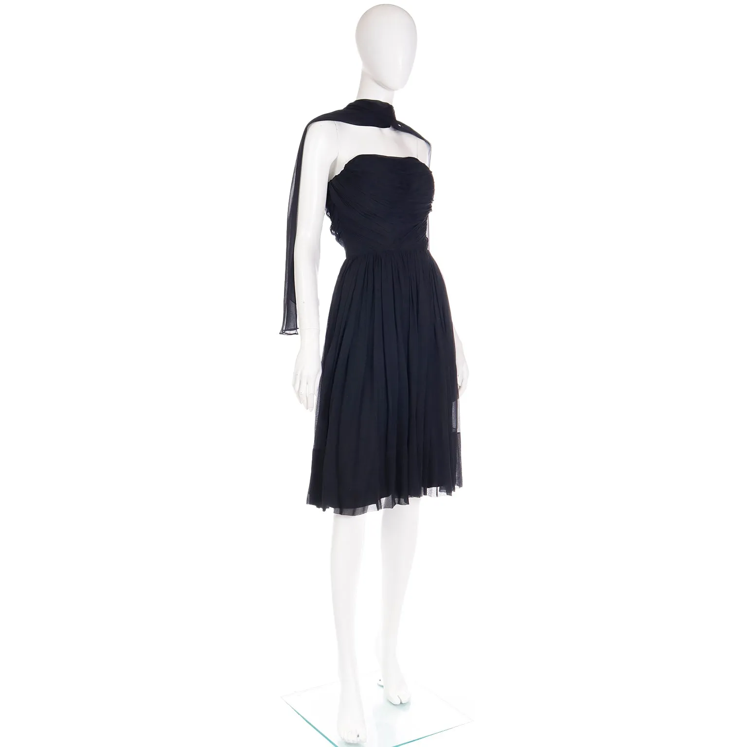 1960s Kay Selig Vintage Ruched Strapless Black Chiffon Evening Dress