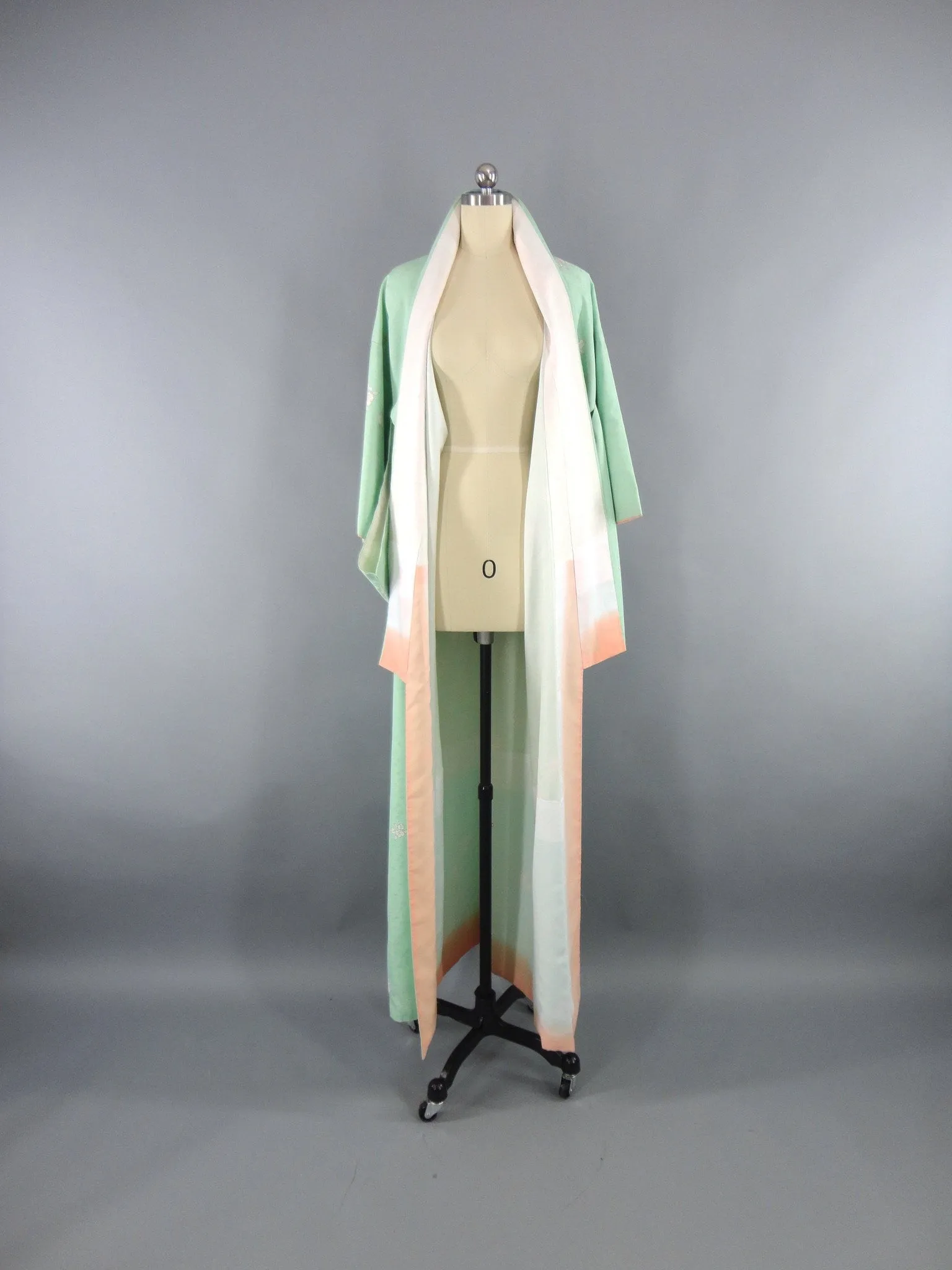 1960s Vintage Silk Kimono Robe with Green Orchid Floral Print