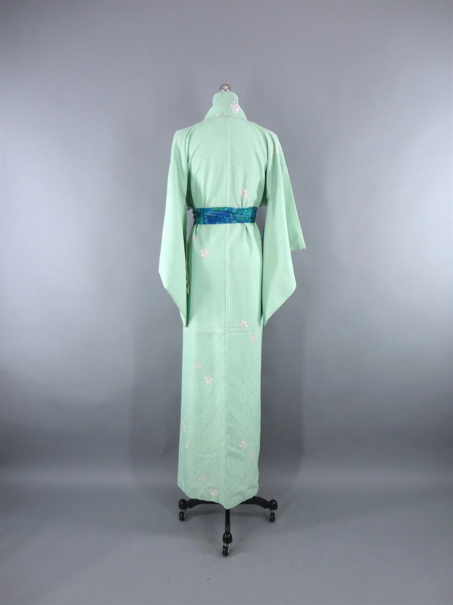 1960s Vintage Silk Kimono Robe with Green Orchid Floral Print