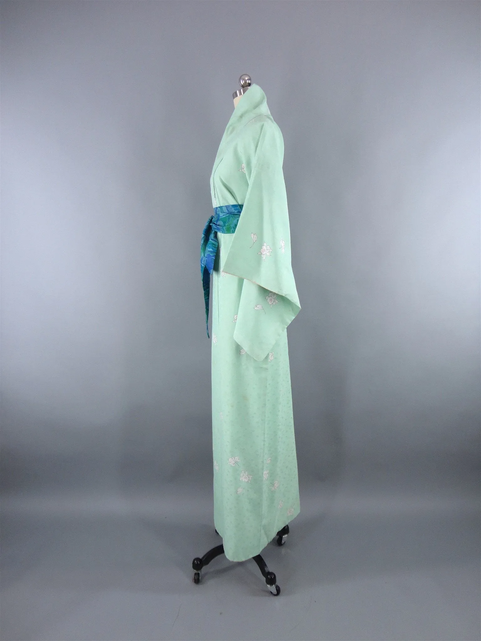 1960s Vintage Silk Kimono Robe with Green Orchid Floral Print