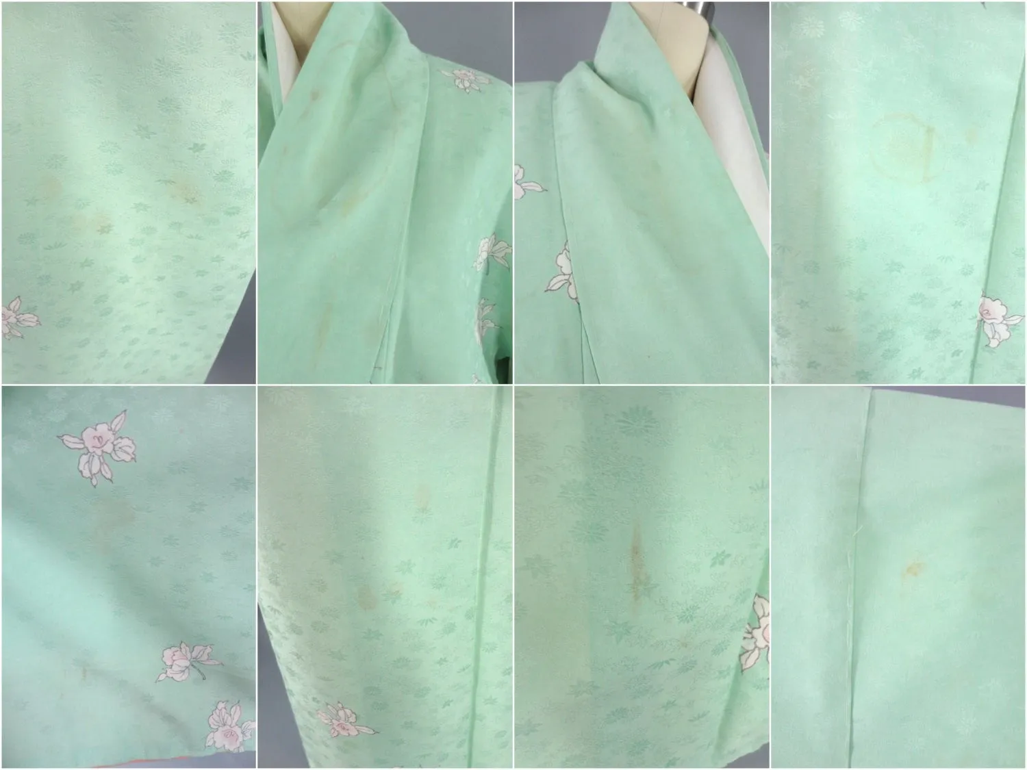 1960s Vintage Silk Kimono Robe with Green Orchid Floral Print