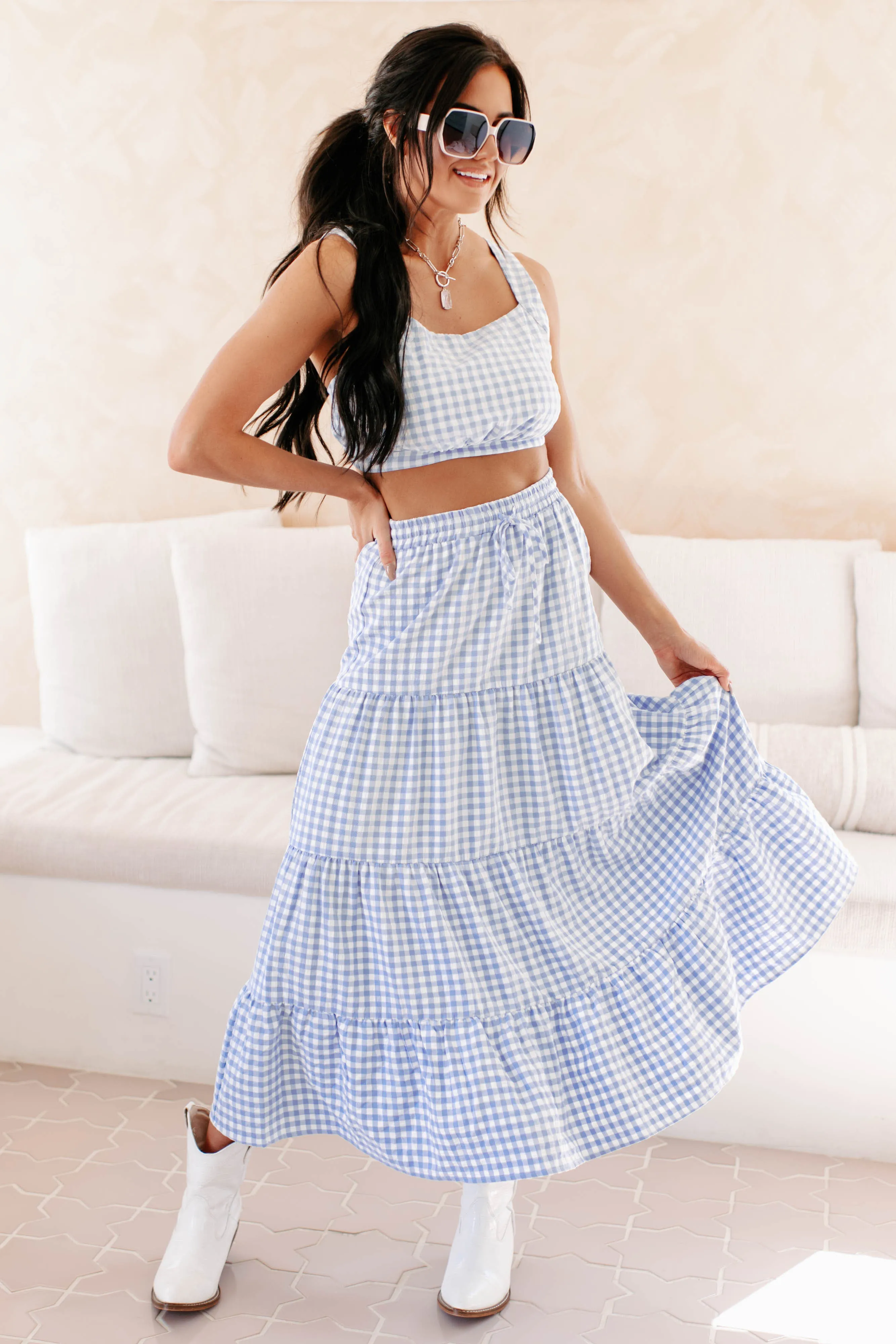 A Little Bit Sweet Gingham Two-Piece Set (Blue)