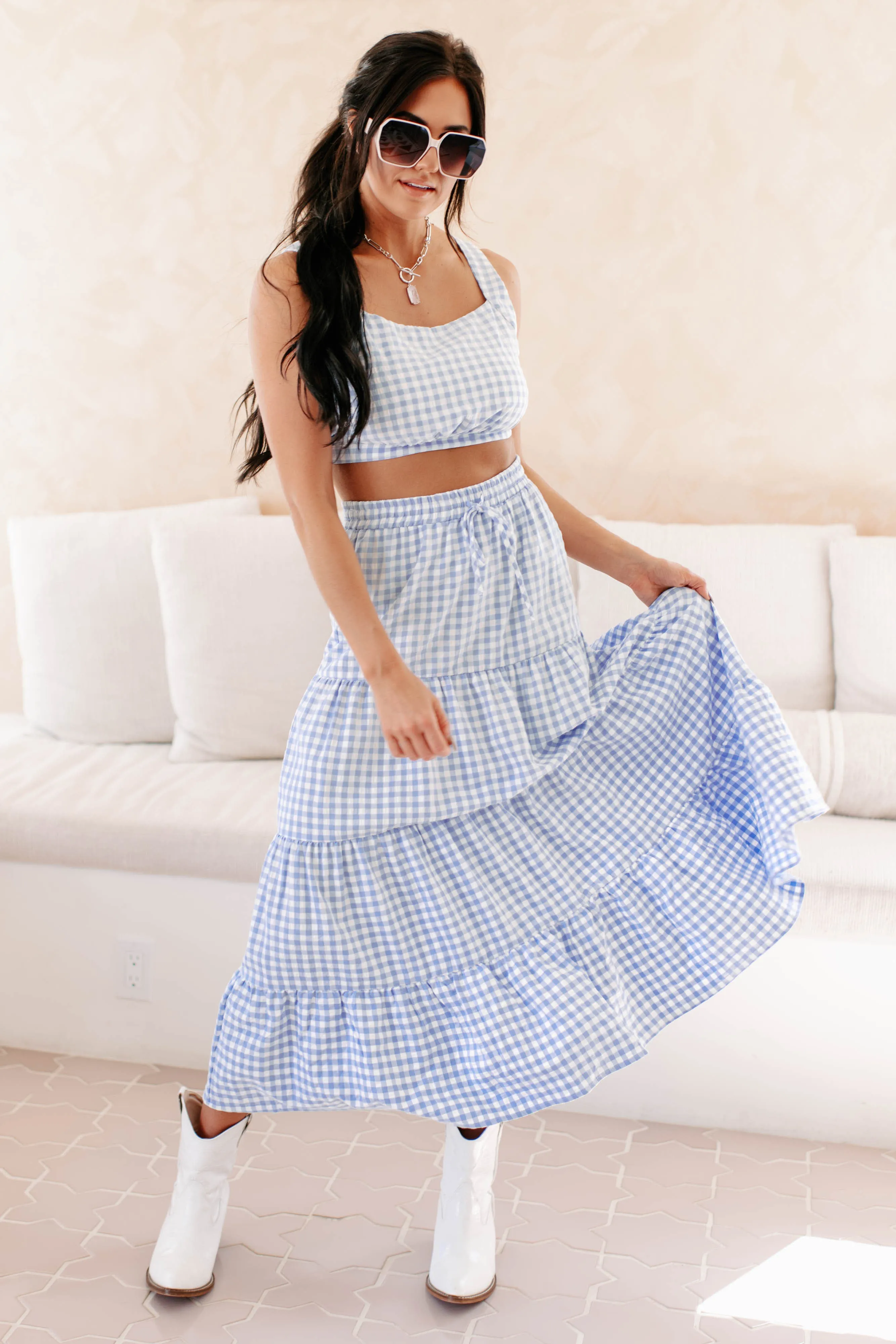 A Little Bit Sweet Gingham Two-Piece Set (Blue)