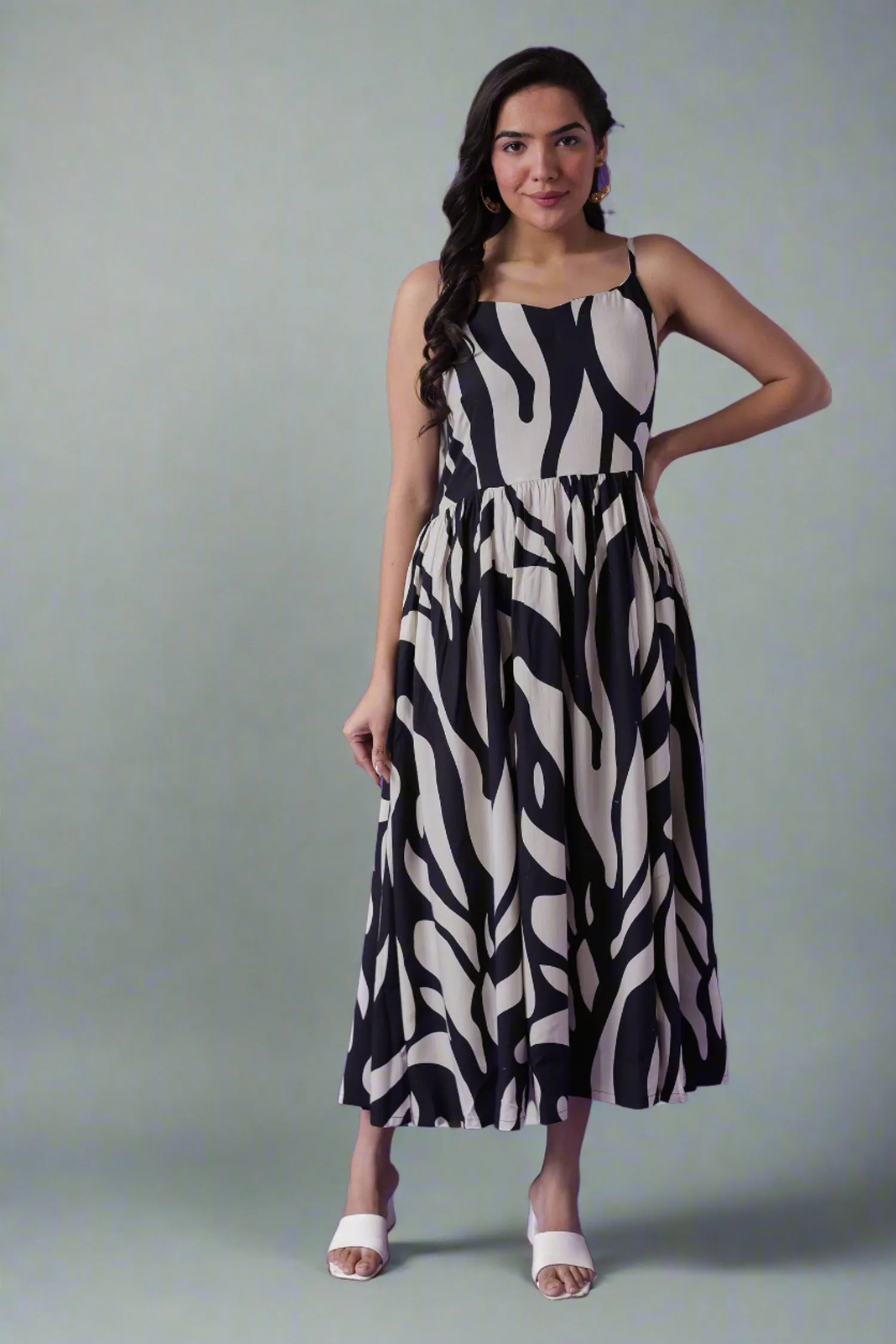 Abstract Black & White Print Muslin Dress