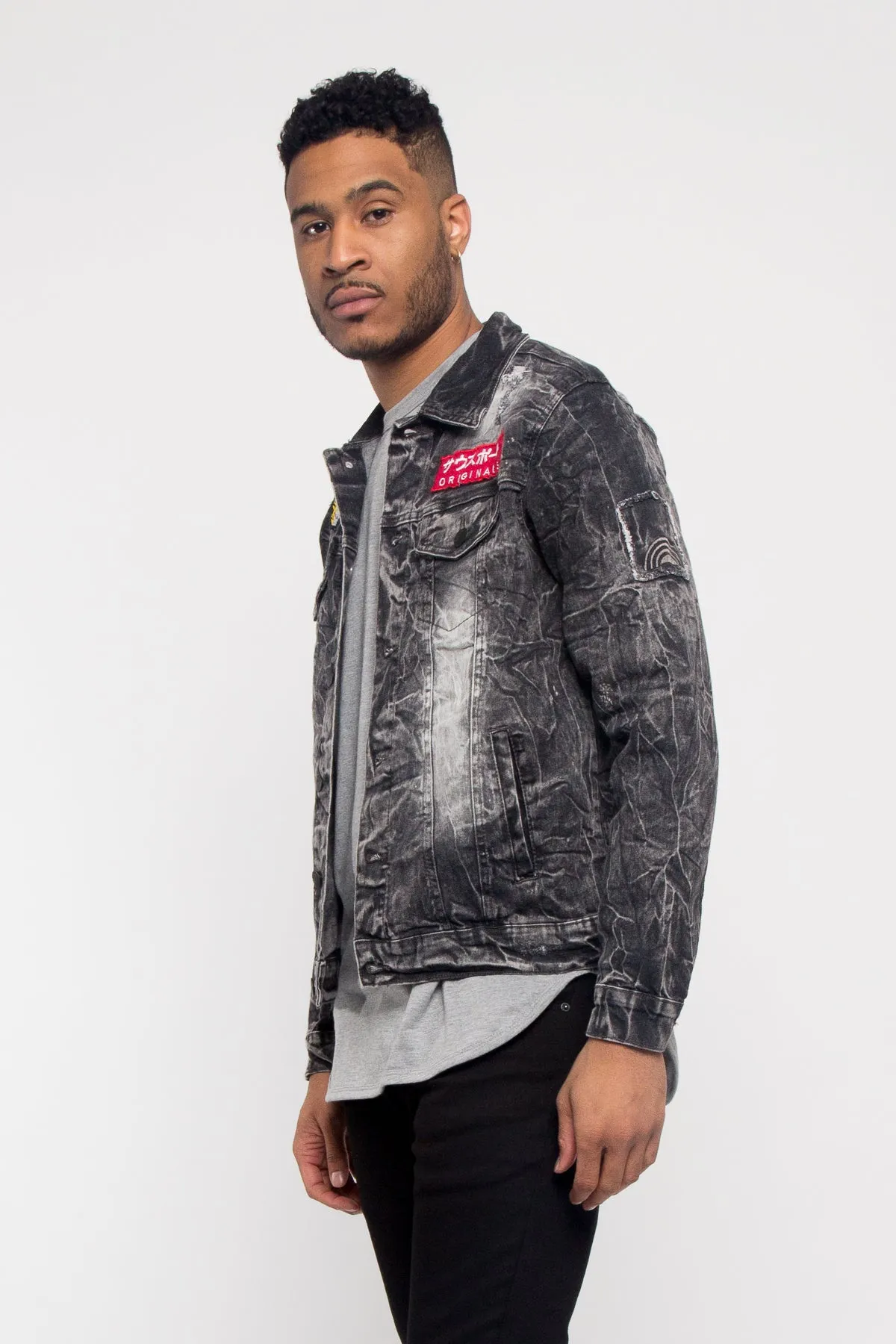 Acid Wash King Applique Patch Jean Jacket