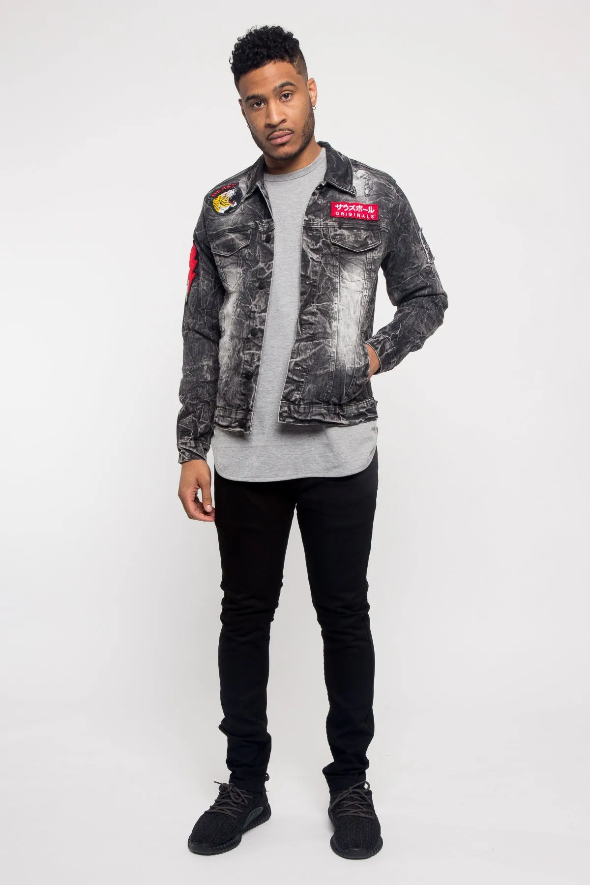 Acid Wash King Applique Patch Jean Jacket