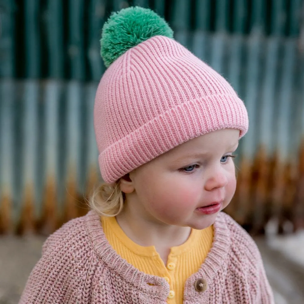 Acorn Kids: Oslo Merino Ribbed Beanie Pink and Green