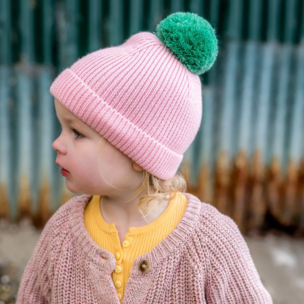 Acorn Kids: Oslo Merino Ribbed Beanie Pink and Green