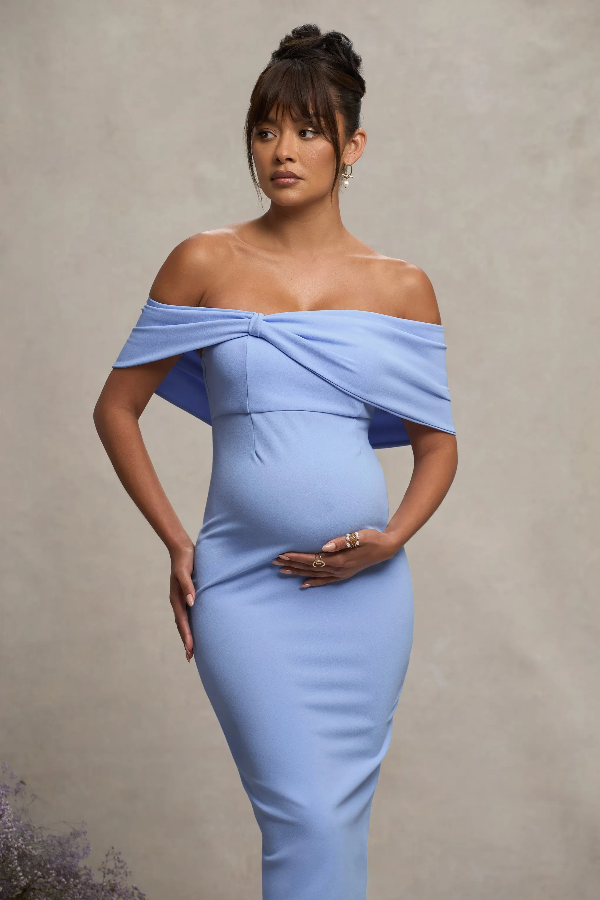 Alyssa | Powder Blue Bardot Bow Maternity Midi Dress with Ruching