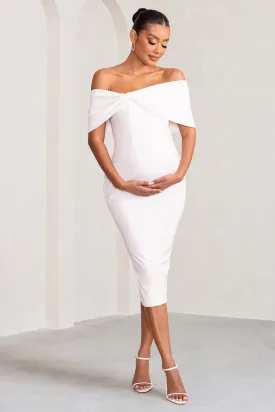 Alyssa | White Bardot Bow Maternity Midi Dress with Ruching