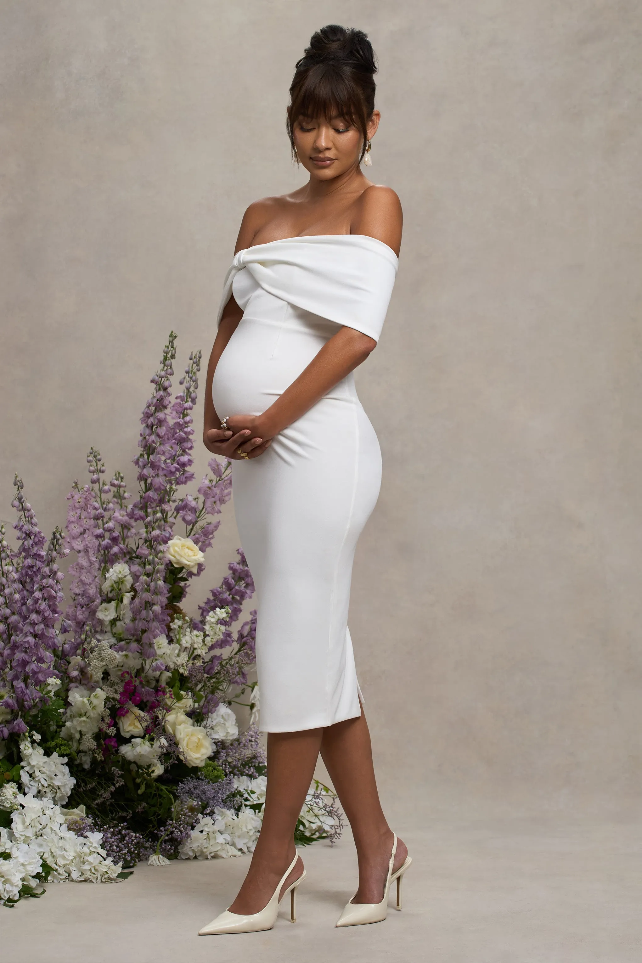 Alyssa | White Bardot Bow Maternity Midi Dress with Ruching