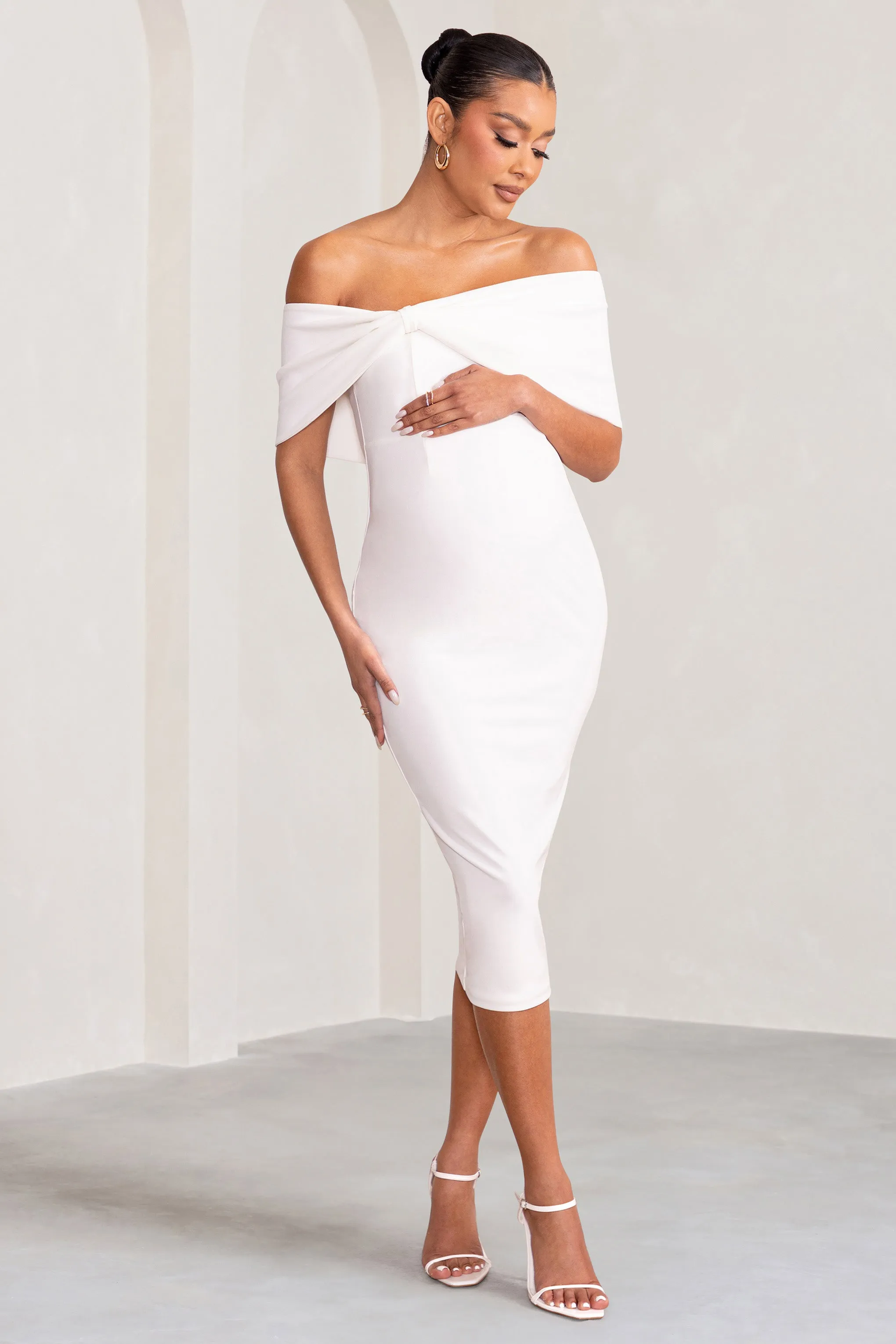 Alyssa | White Bardot Bow Maternity Midi Dress with Ruching