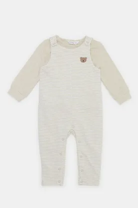 Babies Beige Print Stripe Dungaree Set (2 Piece)