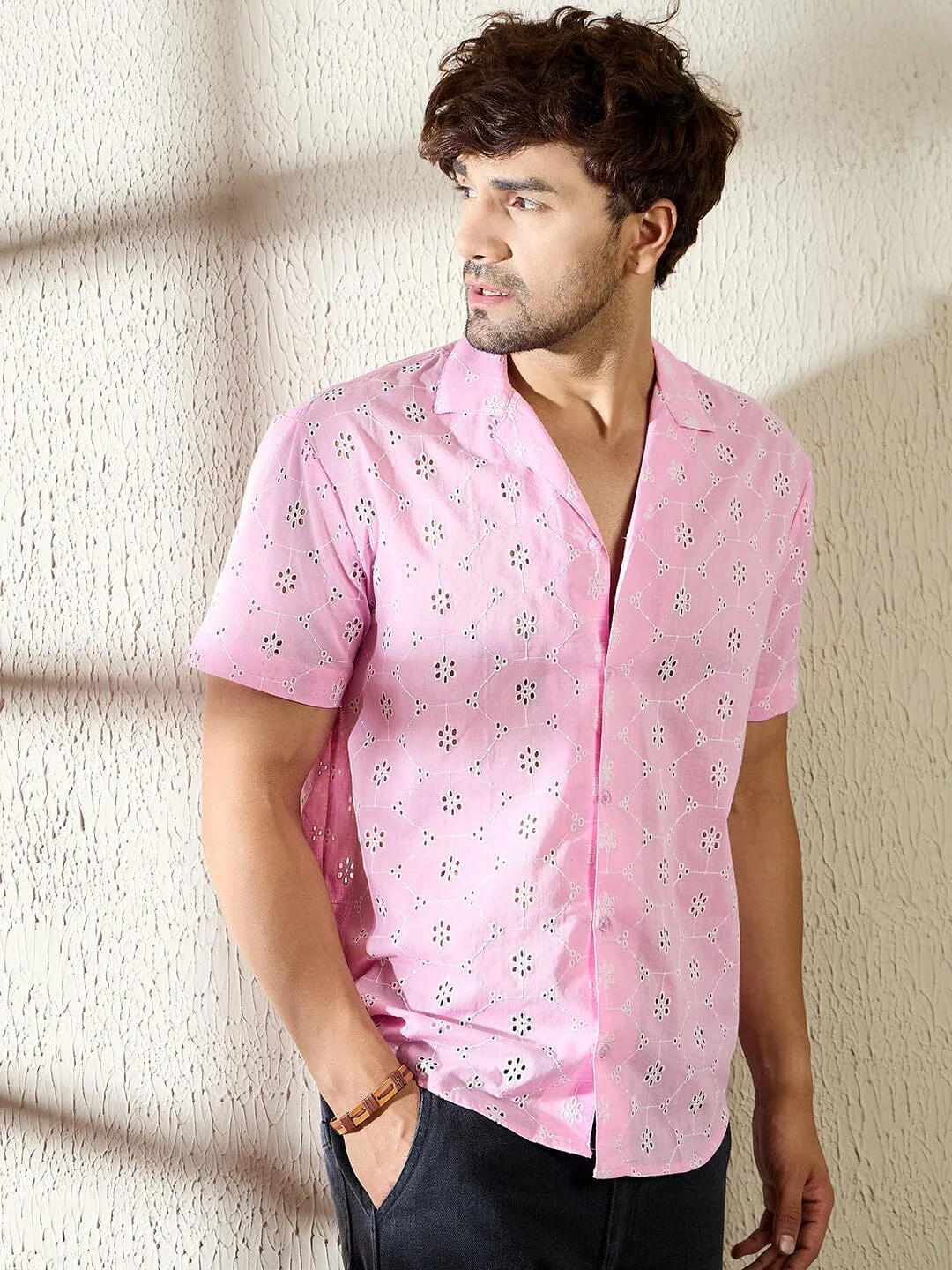 Baby Pink Schiffli Cuban Shirt