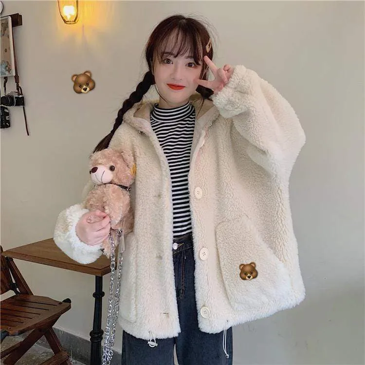 Bear Ears Hooded Lamb Wool Coat