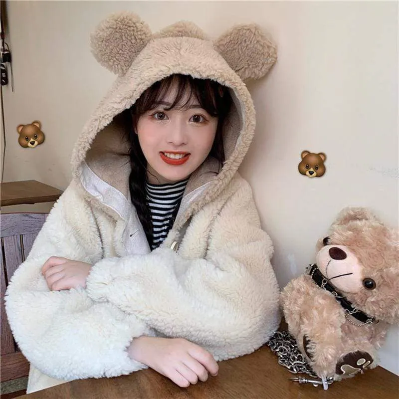 Bear Ears Hooded Lamb Wool Coat