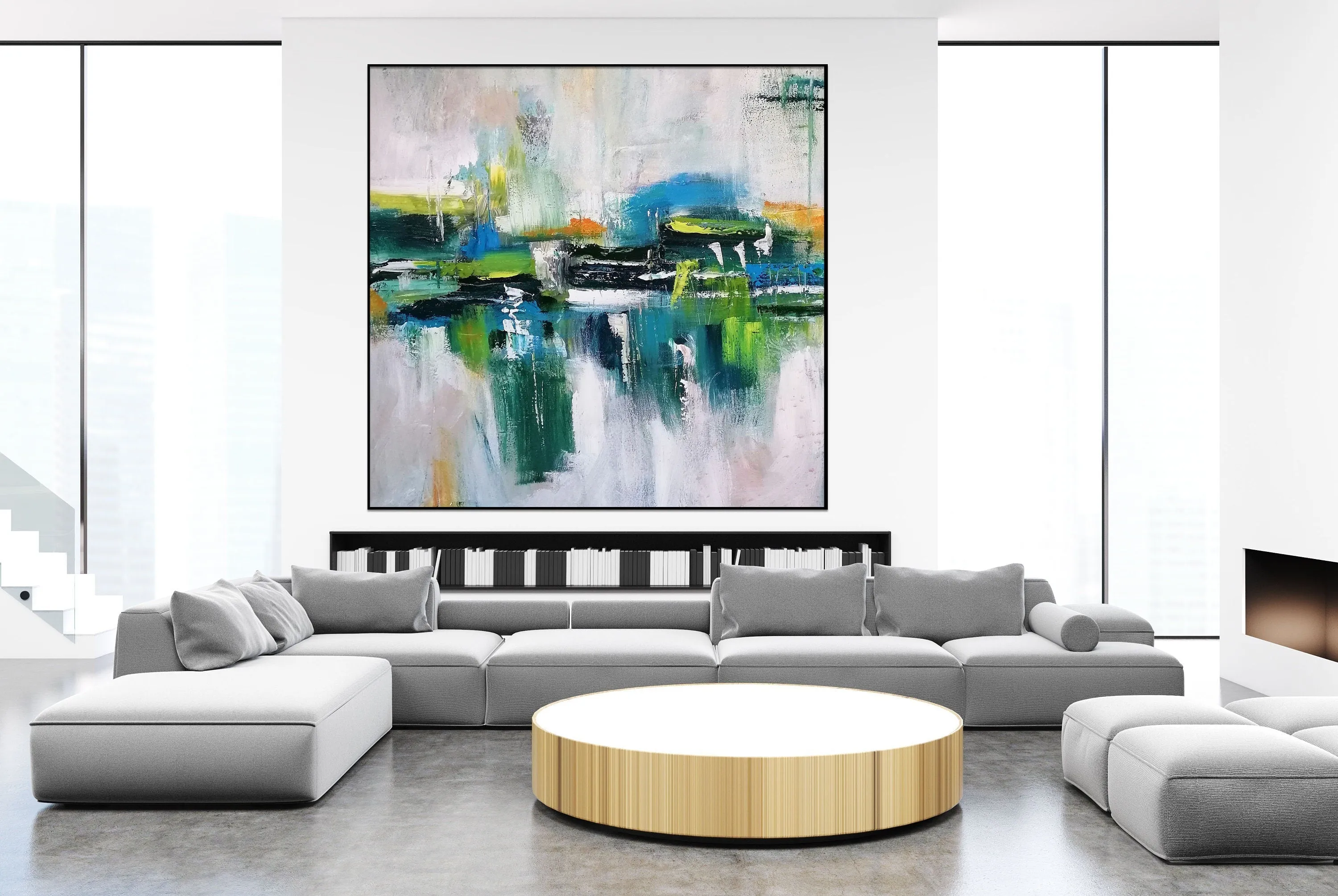 Beige, blue & green oversized abstract wall art made to order in a custom size