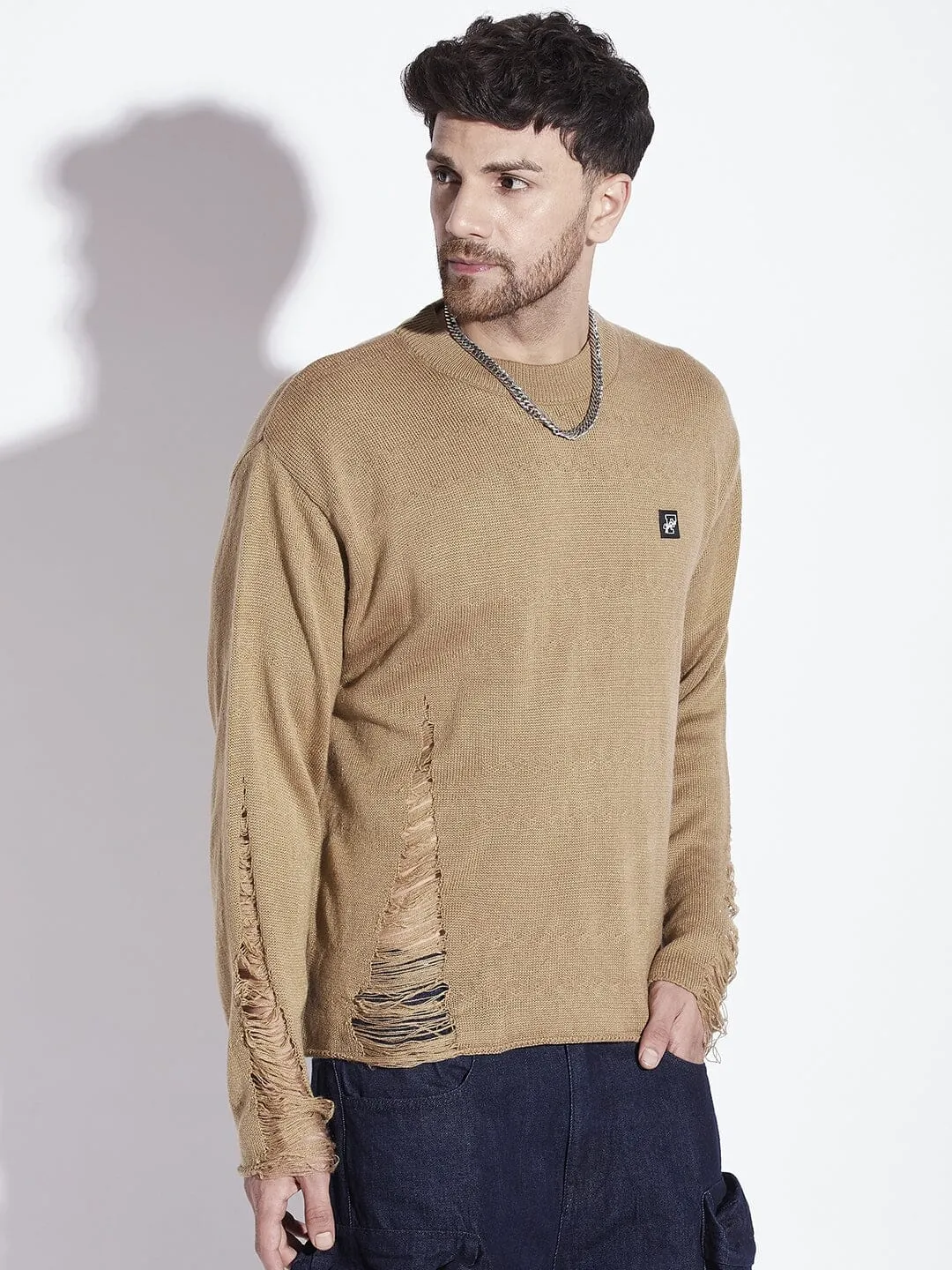 Beige Damaged Raw Edge Sweater