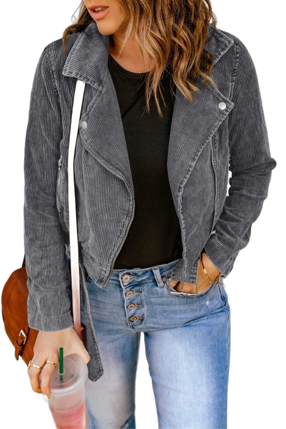 Belted Zip-Up Corduroy Jacket