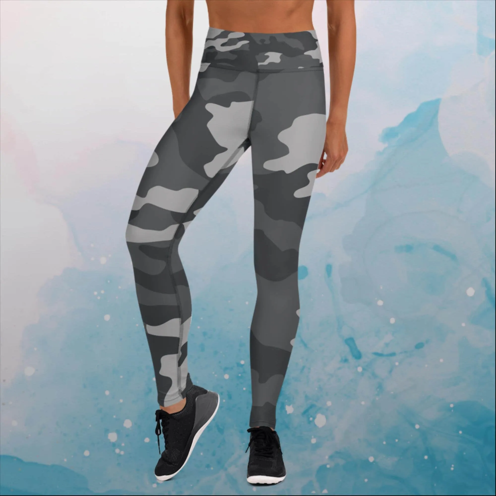 Black and Grey Camo Print Womens Yoga Leggings