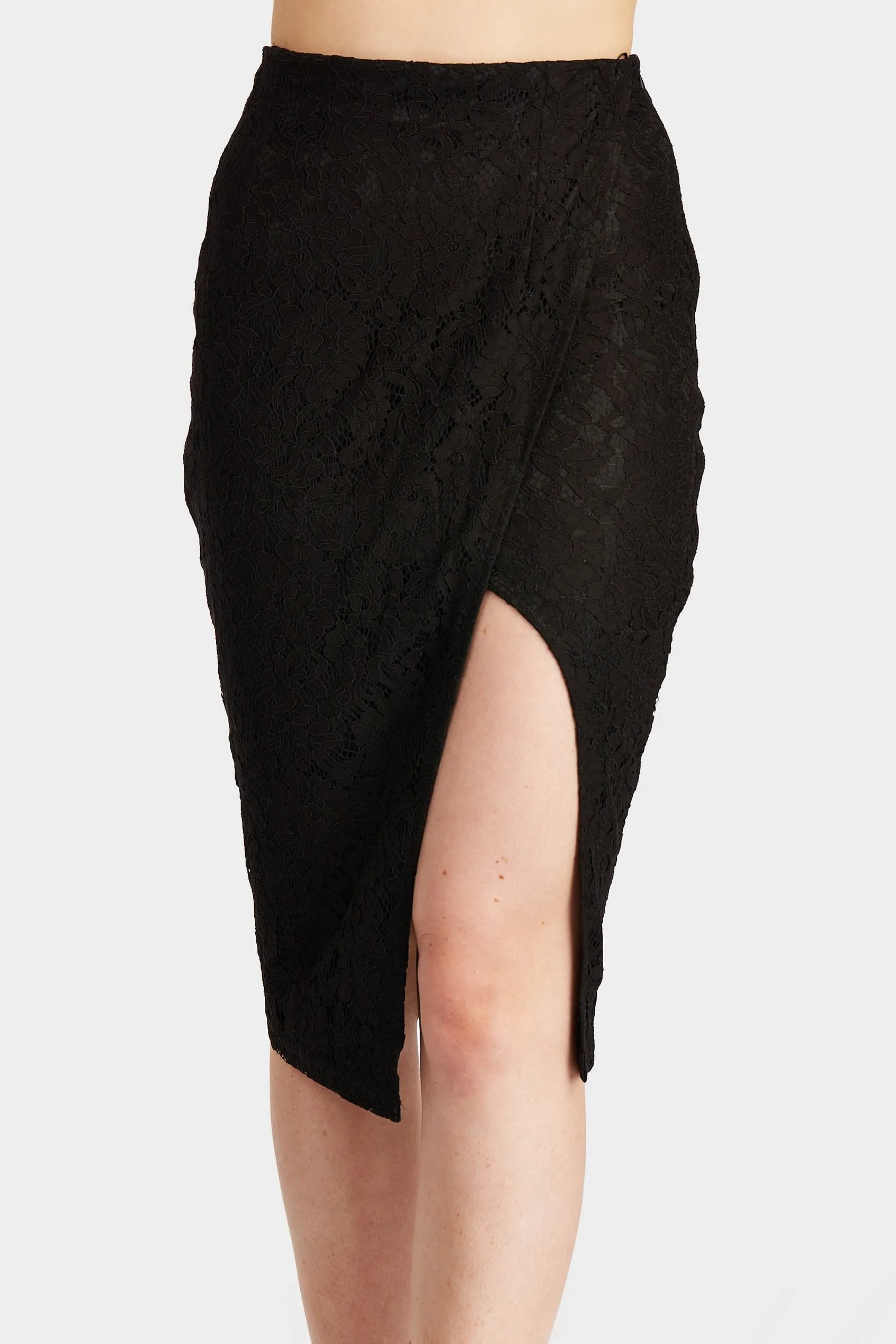 Black Midi Lace Split Skirt