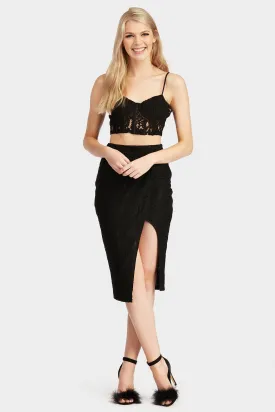 Black Midi Lace Split Skirt