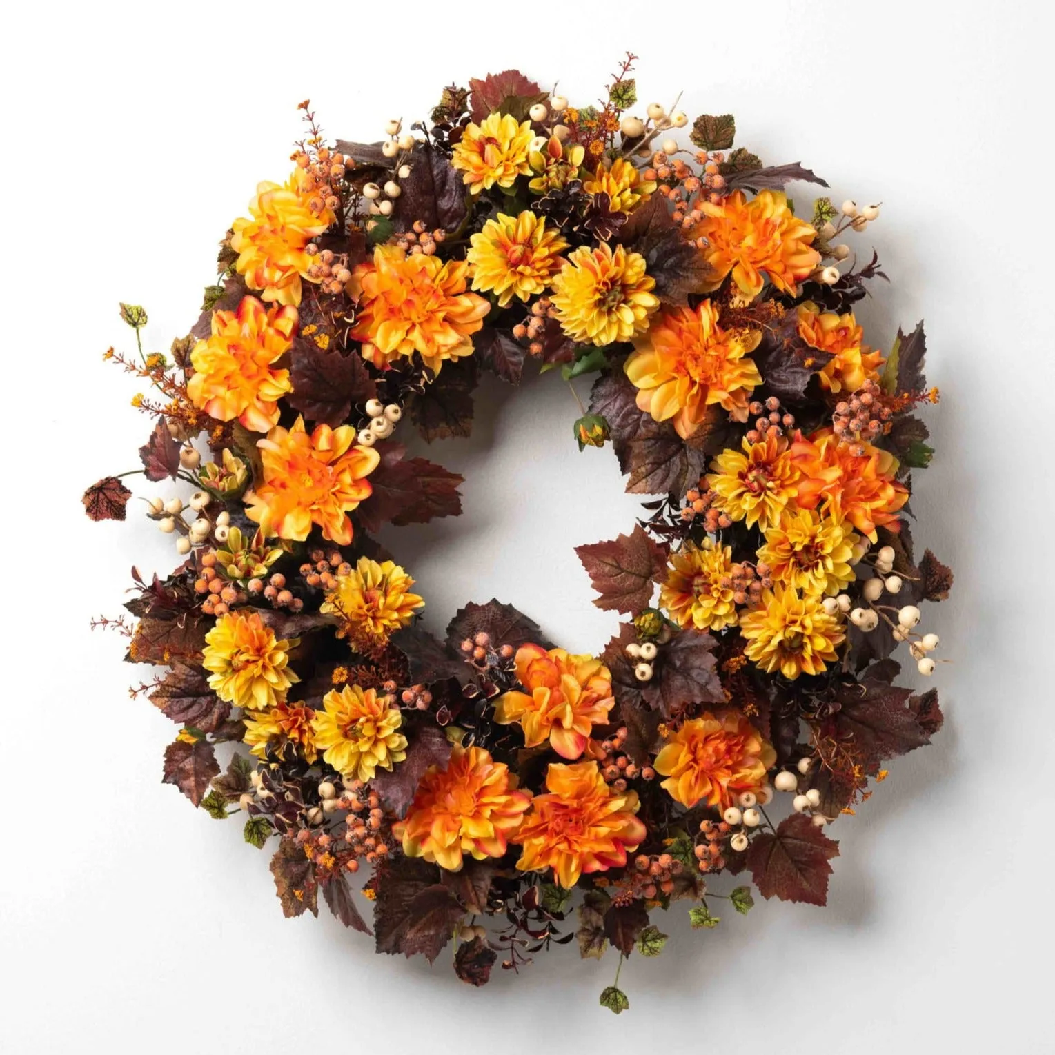 Blazing Orange Dahlia with Burgundy Leaves & Berries Front Door Fall Wreath